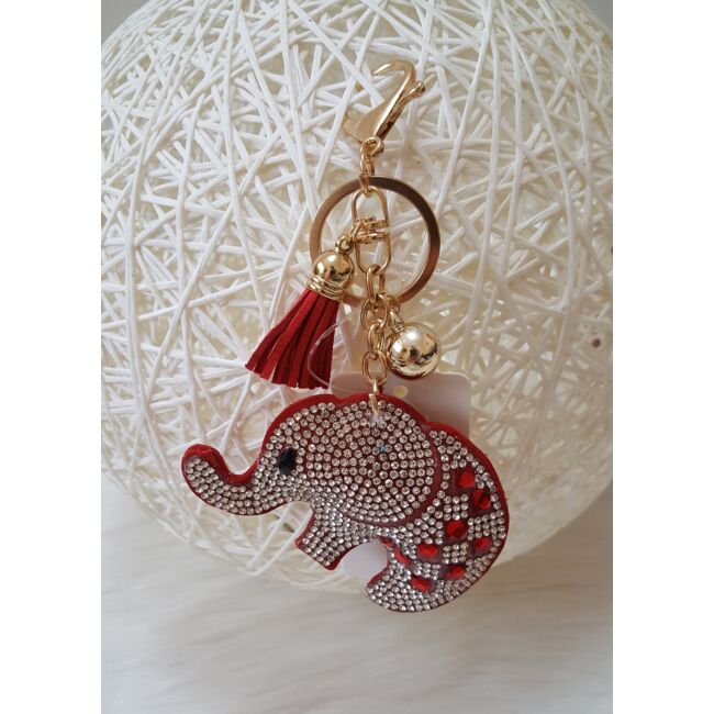 Strasszköves elefánt formás kulcstartó táskadísz piros