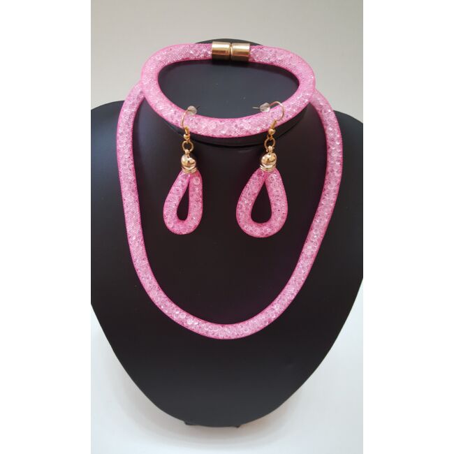 Belül köves nyaklánc karkötő szett fülbevalóval rózsaszín