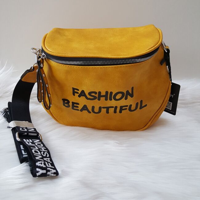 Keresztpántos női táska felirattal sárga